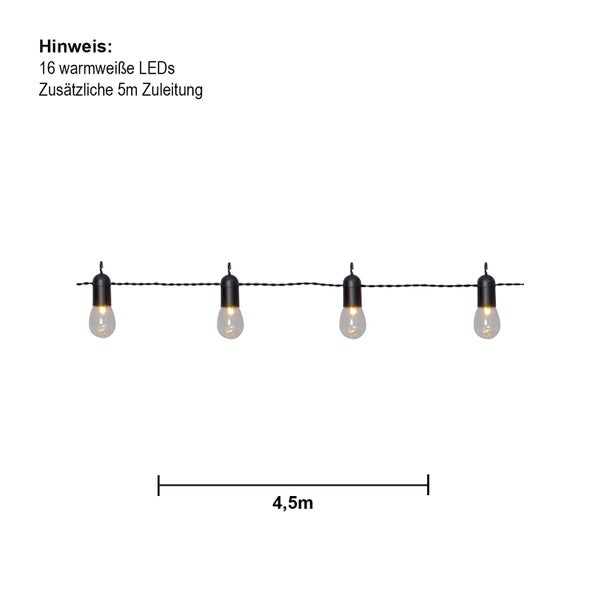 Lichterkette mit sechzehn warmweißen LEDs und einer Zuleitung von fünfundzwanzig Metern, Länge: viereinhalb Meter