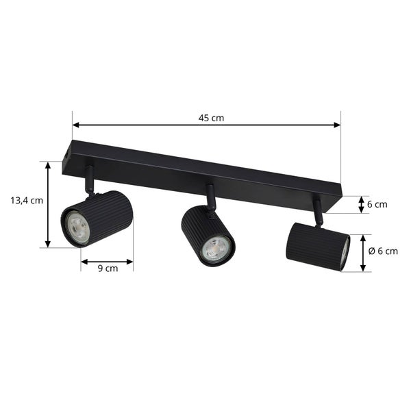 Deckenleuchte mit drei Strahlern und Maßangaben