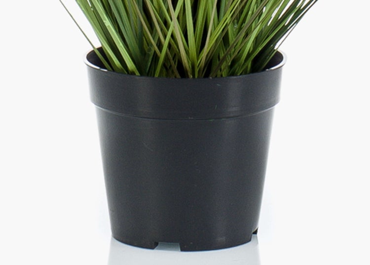Künstliches Ziergras in schwarzem Kunststofftopf.
