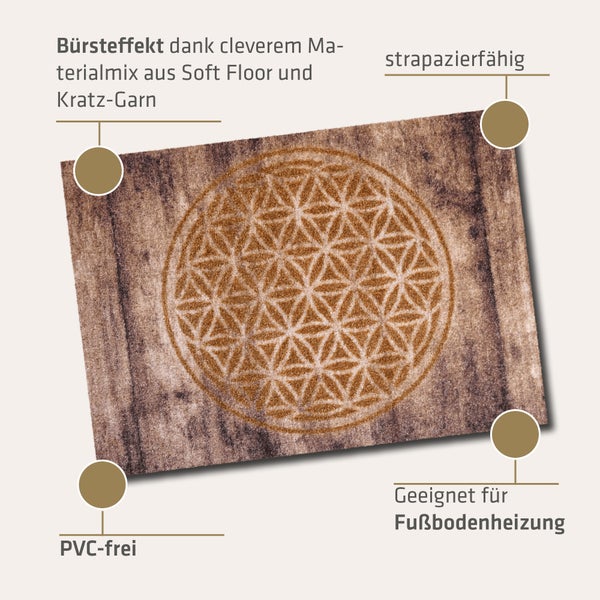 Akzente Listen Flower of Life Fußmatte 70x100 cm, Polyamid Monofilament, TPE rutschfest, bürstend, wetterbeständig, trittschälldämmend, PVC-frei, Fußbodenheizung geeignet, abriebfest