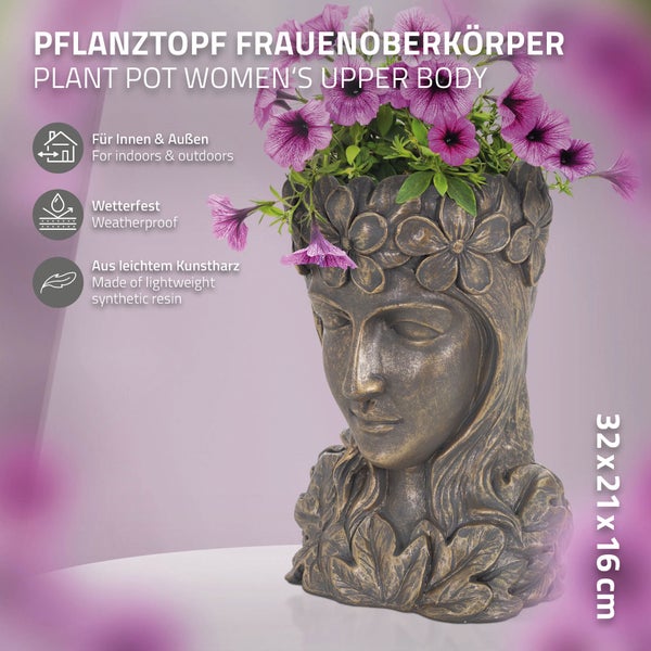 ML-Design Pflanztopf Frauenkopf Figur 21x16x32 cm Bronze Kunstharz, Innen/Außen, Groß Büste Skulptur, Weiblich Mädchen Statue Dame Gesicht Pflanzgefäß Blumentopf Übertopf Pflanzer Gartendeko Vase Urne