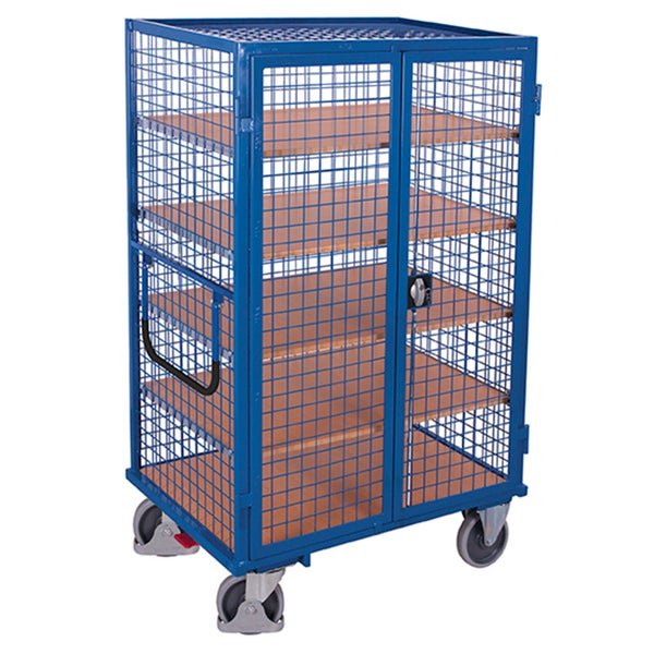 Gitterwagen aus blauem Metall mit fünf Holzböden, abschließbaren Türen und vier Rollen.