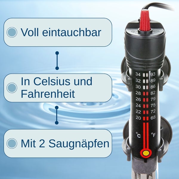Aquarienheizer mit Temperaturanzeige in Celsius und Fahrenheit, vollständig eintauchbar mit zwei Saugnäpfen