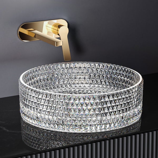 EMKE Aufsatzwaschbecken Ø 36 cm, Crystal Glass, Rundes Waschbecken, Transparent, Höhe 112 mm, Elektroplattiertes Design, Ohne Hahnloch, Modernes Badezimmer Waschtisch