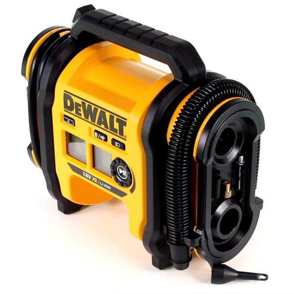 DeWalt Akku-Kompressor 18 Volt mit digitalem Display, Tragegriff und integriertem Schlauch.