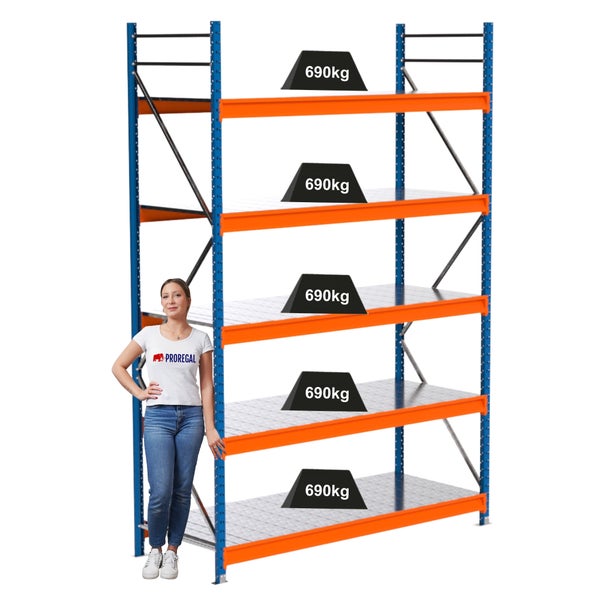 Lagerregal mit fünf Ebenen und einer Traglast von 690 Kilogramm pro Ebene