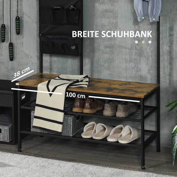 HOMCOM Garderobenständer mit Sitzbank, Kleiderständer mit Haken, Schuhregal, Garderobe mit Tragetasche, Jackenständer für Eingangsbereich, Flur, Stahl, Rustikal-Braun