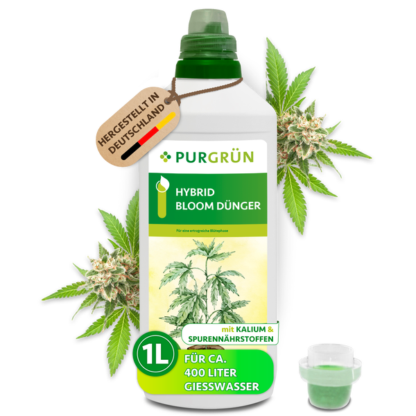 Purgrün Hybrid Bloom Dünger für die Blütephase von Pflanzen in einer 1 Liter Flasche mit Kalium und Spurennährstoffen, hergestellt in Deutschland.