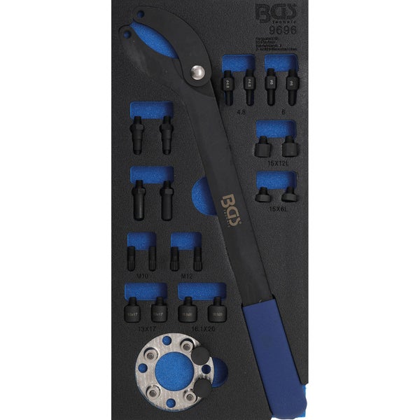 BGS Technic Universal-Stirnlochschlüssel-Satz mit verstellbarem Halteschlüssel, austauschbaren Zapfen und Zubehör in einer blauen Werkzeugeinlage.