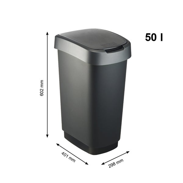 PROREGAL Klassischer Abfalleimer Für Innenbereich 50 Liter HxBxT 60 x 29,8 x 40 cm Kunststoff Schwarz-Silber
