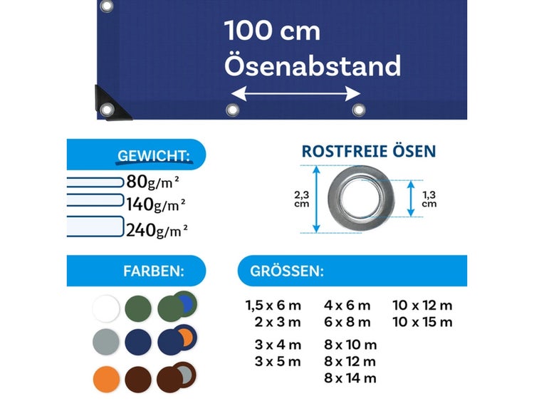 FLOORDIREKT Abdeckplane - Wasserdichte Plane - mit Ösen - Schutzplane - 80 g/m² - 6 x 10 m - Blau