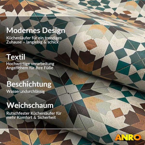 Küchenläufer mit geometrischem Muster, wasserundurchlässiger Beschichtung und rutschfestem Weichschaum. ANRO Logo.