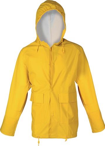 Gelbe Regenjacke mit Kapuze, Reißverschluss und zwei Vordertaschen.