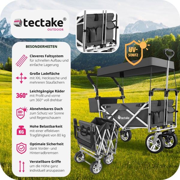 Bollerwagen tectake Nico inklusive Tragetasche, Belastbarkeit 80 kg faltbar, mit Dach grau