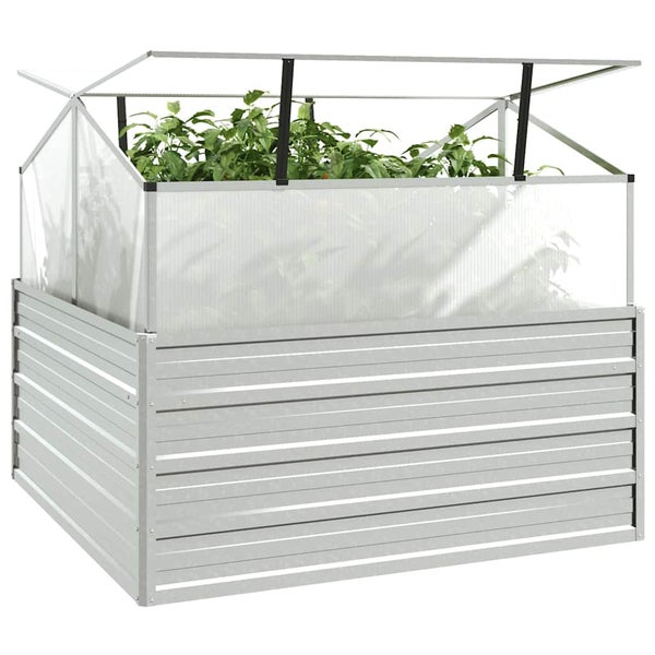 Hochbeet aus verzinktem Stahl mit aufklappbarem Gewächshausaufsatz und darin wachsenden Pflanzen für den Garten.