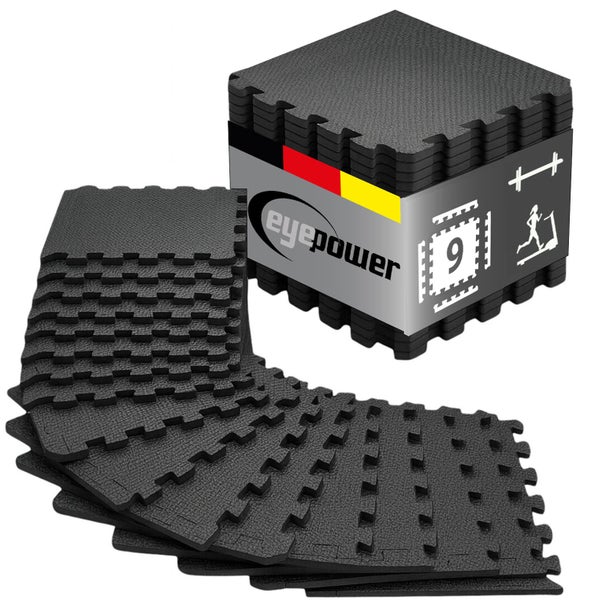 eyepower Bodenschutzmatten-Set aus Schaumstoff, 9-teilig, schwarz, Puzzlematten für Fitness und Sport. eyepower Logo.