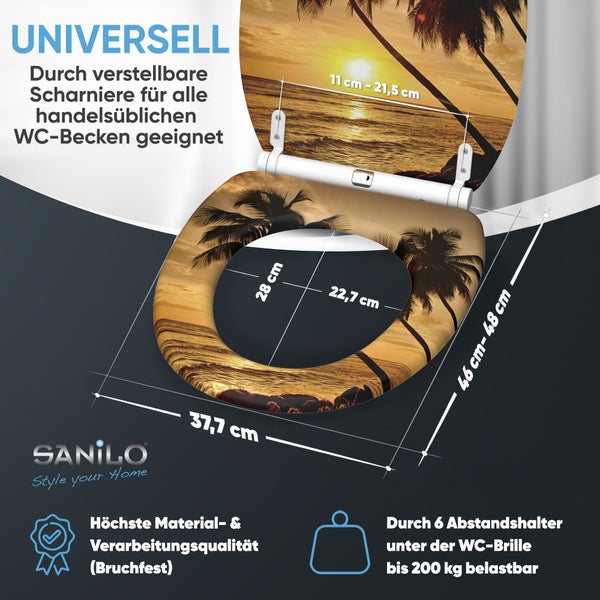 Sanilo WC-Sitz mit Strand Motiv und verstellbaren Scharnieren, geeignet für alle Standard WC-Becken mit Angabe der Maße und Belastbarkeit.