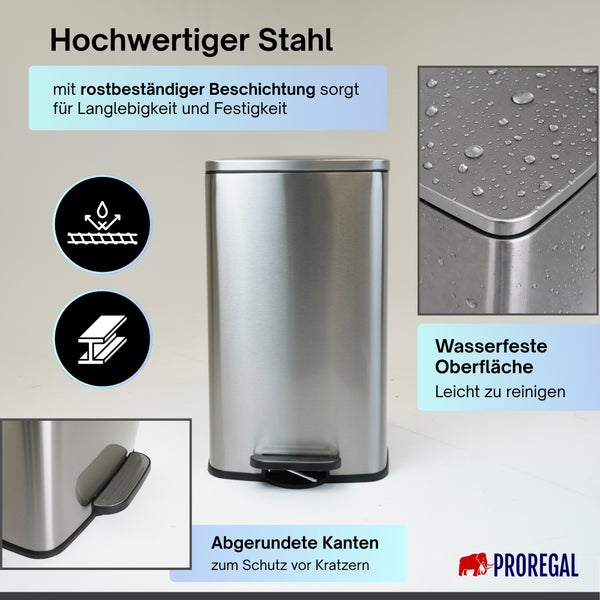 Pedaleimer aus rostbeständigem Edelstahl mit wasserfester Oberfläche, abgerundeten Kanten und Proregal Logo.