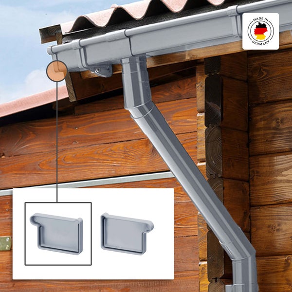 Kastenrinnen-Endstück für die Dachentwässerung an einem Gartenhaus aus Holz. Hergestellt in Deutschland.