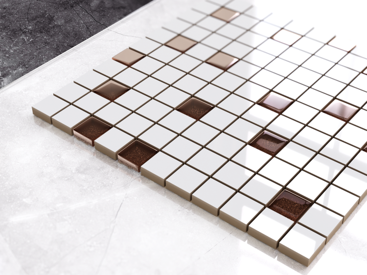 Mosaikfliese mit quadratischen, weißen und braunen Elementen.