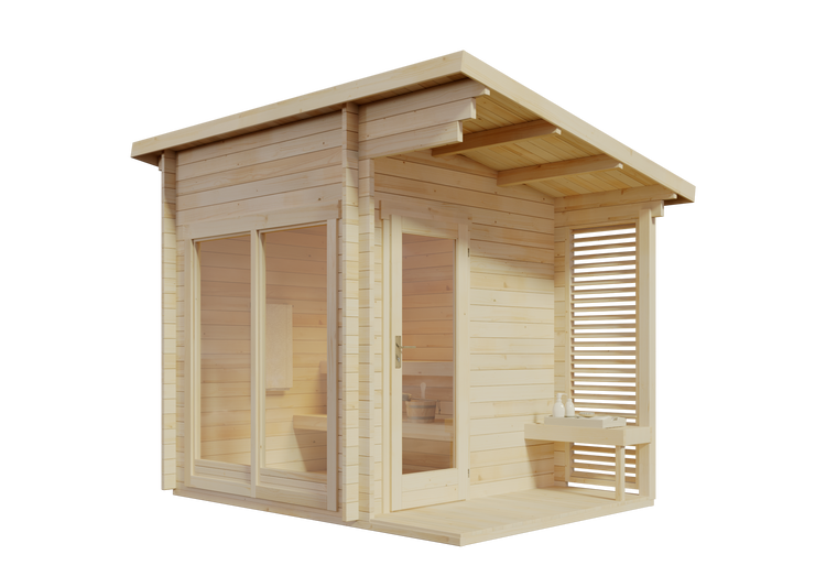 Sauna Interieur mit Holzbänken und optionalem Zubehör wie LED-Leuchten und Fernbedienung