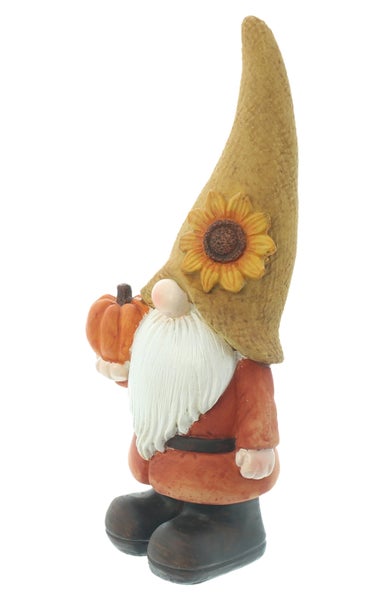 Gartenzwerg mit Sonnenblume und Kürbis