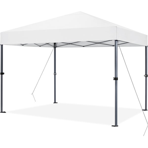Weißes Faltzelt mit Metallrahmen.