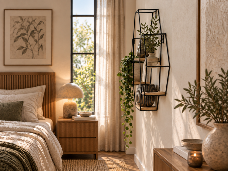 Ein modernes Schlafzimmer mit einem geometrischen Wandregal aus Metall, dekoriert mit Pflanzen und Vasen neben einem Holzbett.