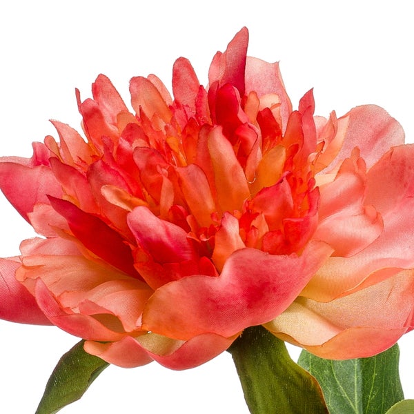 Künstliche Pfingstrose mit einer lachsfarbenen Blüte, einer Knospe und grünen Blättern.