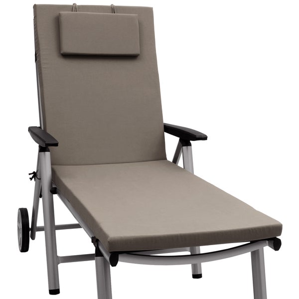 Gartenliege mit Rollen, gepolsterter Sitz- und Rückenfläche, Kopfkissen und Armlehnen.