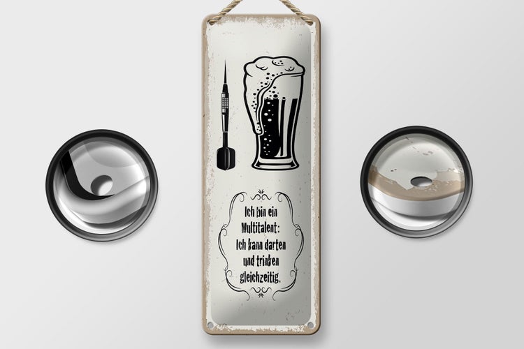Blechschild Spruch Multitalent kann trinken Darten 10x27cm