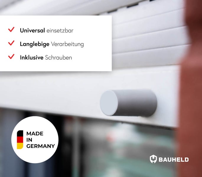 Rollladen mit Hinweisen zu universellem Einsatz, langlebiger Verarbeitung und inklusivem Schrauben sowie dem Made in Germany Siegel und dem Bauheld Logo