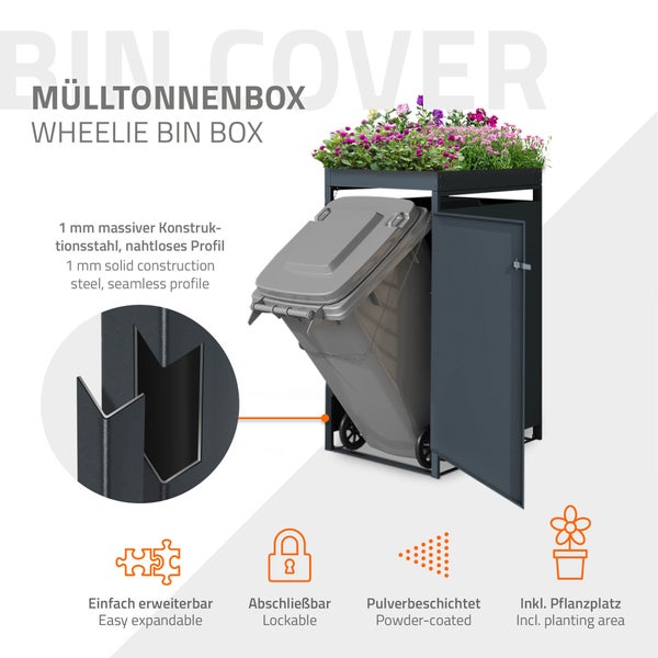 ML-Design Mülltonnenbox 1er mit Pflanzdach für 1 Tonne, 240L, 68x80x124 cm, Lärchenoptik, Stahl, wetterfest, Abschließbare Mülltonnenverkleidung mit Tür, Müllbox Mülltonnecontainer Mülltonnenabdeckung