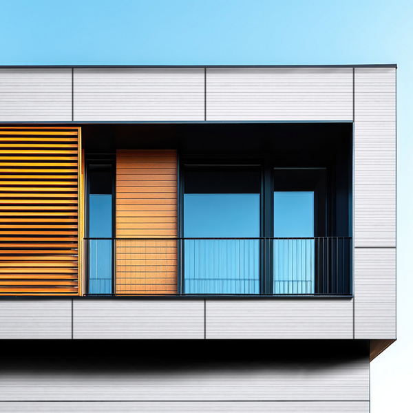 Fassade eines modernen Gebäudes mit Balkon, Jalousien und Fenster