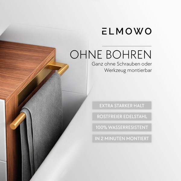 ELMOWO Handtuchhalter aus Edelstahl zur Montage ohne Bohren an einem Badmöbel mit grauem Handtuch.