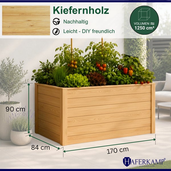 Haferkamp Hochbeet aus Kiefernholz, bepflanzt auf einer Terrasse. Maße: 170 mal 84 mal 90 Zentimeter. Haferkamp Logo.