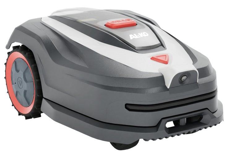 AL-KO Mähroboter in Grau und Weiß mit roter Stop-Taste und Frontkamera.