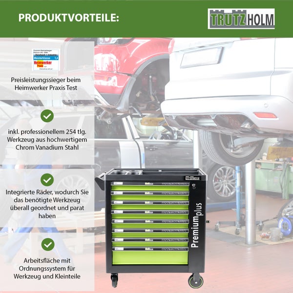 Trutzholm Werkstattwagen Premium plus mit Produktvorteilen wie 254-teiligem Werkzeugset, integrierten Rädern und strukturierter Arbeitsfläche.