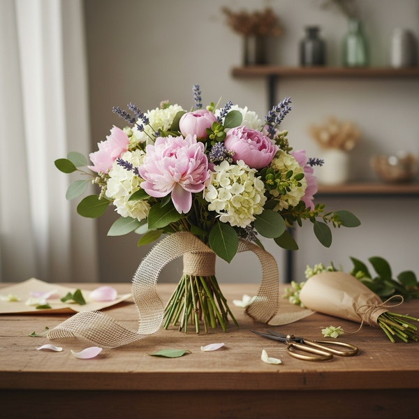 Blumenstrauß mit Pfingstrosen, Hortensien, Lavendel und Eukalyptus, gebunden mit einem Sackleinenband auf einem Holztisch mit Floristenschere.