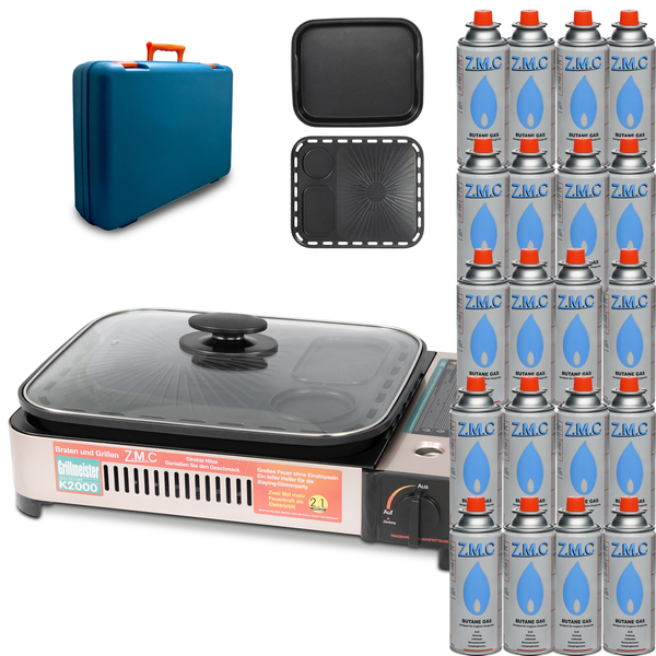 ZMC 2-in-1 Gaskocher und Gasgrill + 20 Gaskartuschen 227g, inkl. Grillplatte, Pfanne, Glasdeckel und Koffer, Campingkocher für innen- und Außenbereich