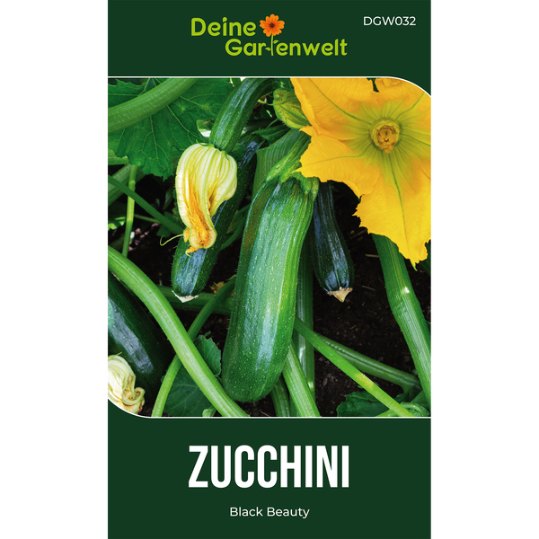 Samentüte für Zucchini Black Beauty von Deine Gartenwelt Logo mit Abbildung von wachsenden Zucchinis und gelben Blüten.