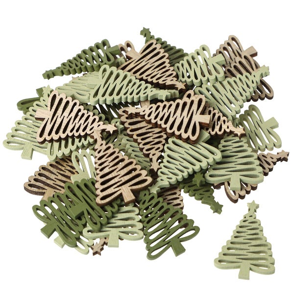 Set mit zahlreichen weihnachtlichen Streudekorationen aus Holz in Tannenbaumform