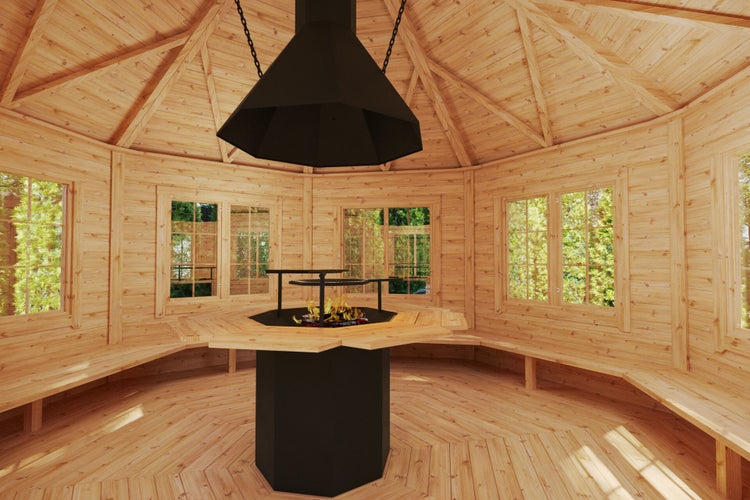 Holz Kota Grillhaus mit Feuerstelle und Bänken