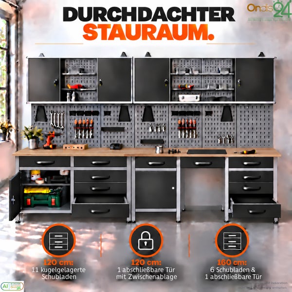 Modulare Werkbank mit Oberschränken und Lochwand zur Werkzeugaufbewahrung mit Schubladen und abschließbaren Türen für eine organisierte Werkstatt.