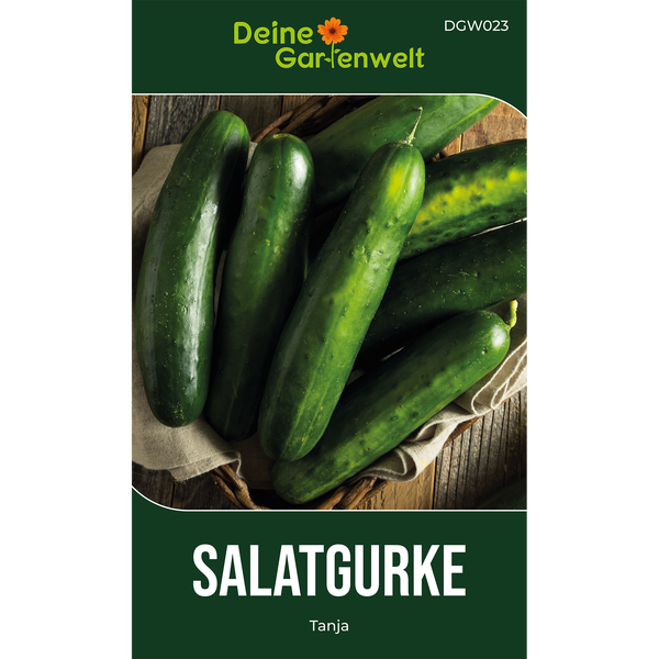 Deine Gartenwelt Logo, Saatgut für Salatgurke Tanja DGW023, mehrere Gurken in einem Korb.