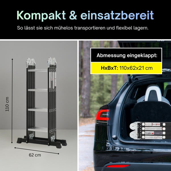 Kompakte Mehrzweckleiter eingeklappt mit Maßen von 110 mal 62 mal 21 Zentimetern, im Kofferraum eines Autos transportierbar.