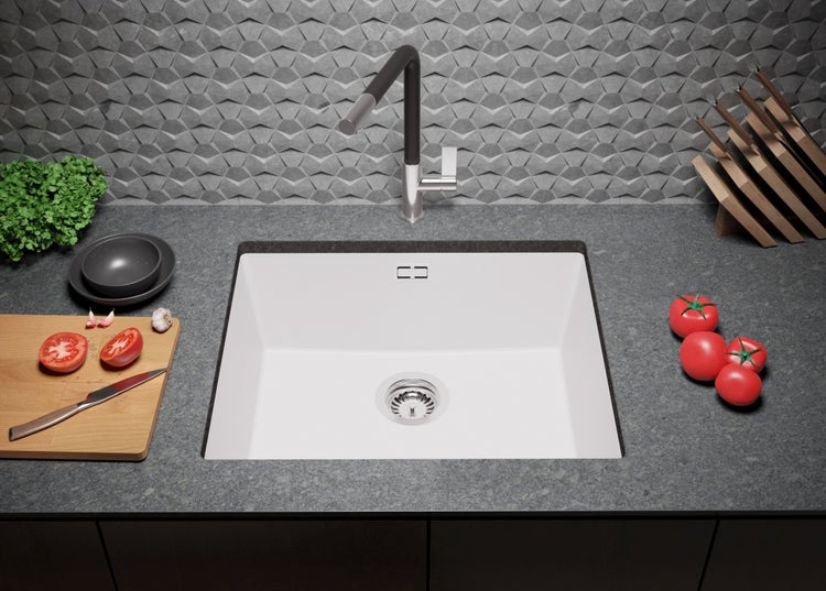 PRIMAGRAN Unterbauspüle Granit Alles Weiß 56x47cm, Spülbecken 1 Becken + Ablauf-Set, Granitspüle ab 60er Unterschrank - London