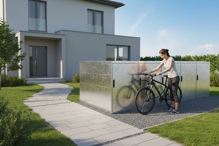 Fahrradboxen aus Metall vor einem Haus mit Frau und Fahrrad