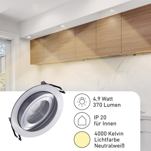 Runder LED Einbaustrahler mit 4,9 Watt und 370 Lumen, Schutzart IP 20 für den Innenbereich, neutralweiße Lichtfarbe mit 4000 Kelvin.