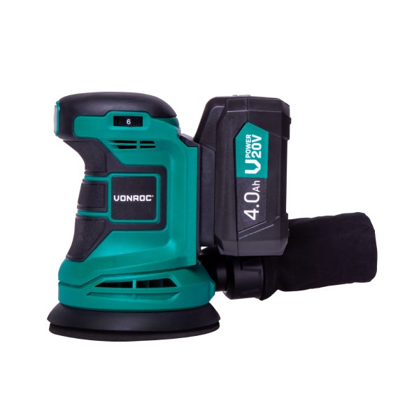VONROC Exzenterschleifer Akku, Schleifmaschine - Handschleifer mit Staubbehälter 20V mit 4Ah Akku und Ladegerät, 125mm, 10.000/min, Variable Geschwindigkeit - Schleifer für Holz, Kunststoff, Metall - inkl. 12 Schleifpapier